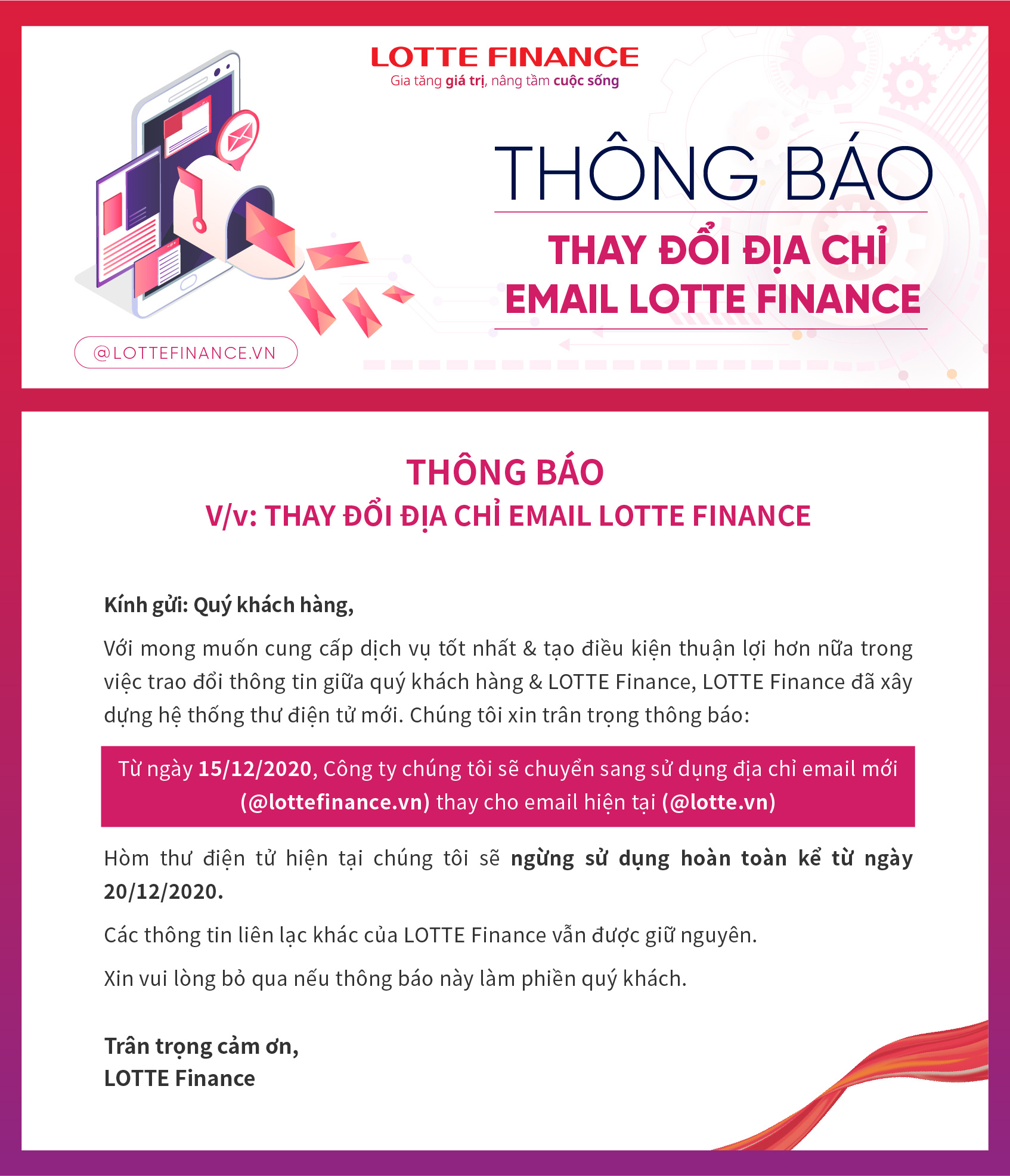 Thông báo thay đổi địa chỉ Email LOTTE Finance